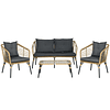 Conjunto de Muebles de Mimbre con Sofá de 2 Plazas 2 Sillones Mesa de Centro y 4 Cojines Marrón Claro y Gris Oscuro