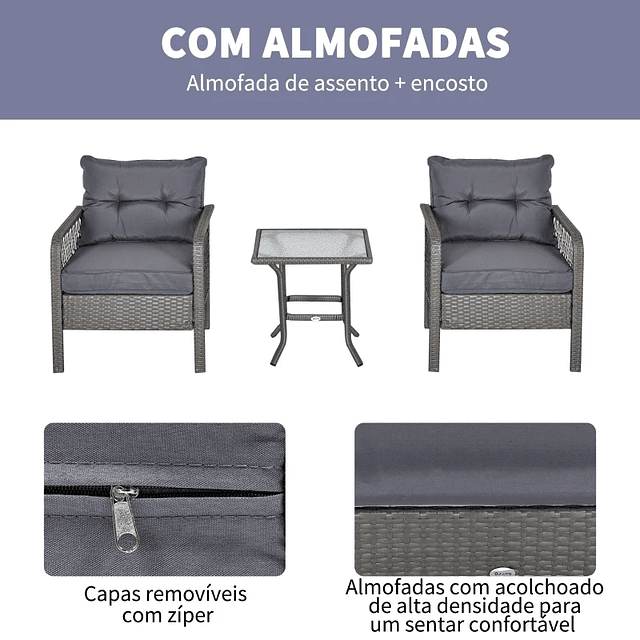 Conjunto de móveis de rattan de jardim 3 peças 2 poltronas 65x66x75 cm e 1 mesa de vidro temperado 50x50x50 cm Cinza