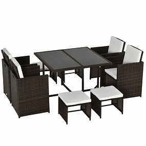 Juego de muebles de jardín de mimbre PE, sillas y bancos de mesa para exteriores de 9 piezas con juego de cojines, marrón