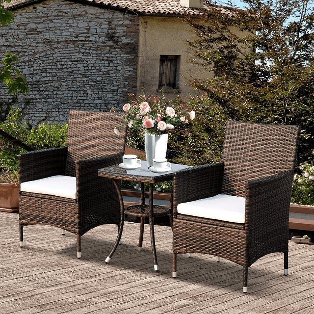 Conjunto de 1 Mesa 2 Cadeiras Rattan para Jardim com almofada Estrutura Metal Cor Castanho