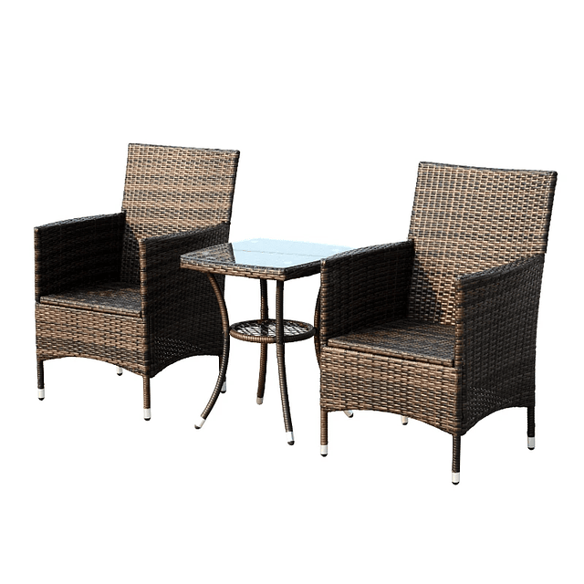 Conjunto de 1 Mesa 2 Cadeiras Rattan para Jardim com almofada Estrutura Metal Cor Castanho