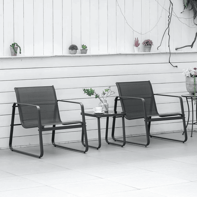 Conjunto de Muebles de Jardín 3 Piezas Mesa Cristal Templado 43x43x41cm y 2 Sillas 62x78x75cm con Reposabrazos y Respaldo Transpirable para Terraza Balcón Negro