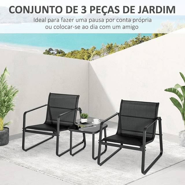 Conjunto de Móveis de Jardim 3 Peças Mesa de Vidro Temperado 43x43x41cm e 2 Cadeiras 62x78x75cm com Apoio para os Braços e Encosto Respirável para Terraço Balcão Preto