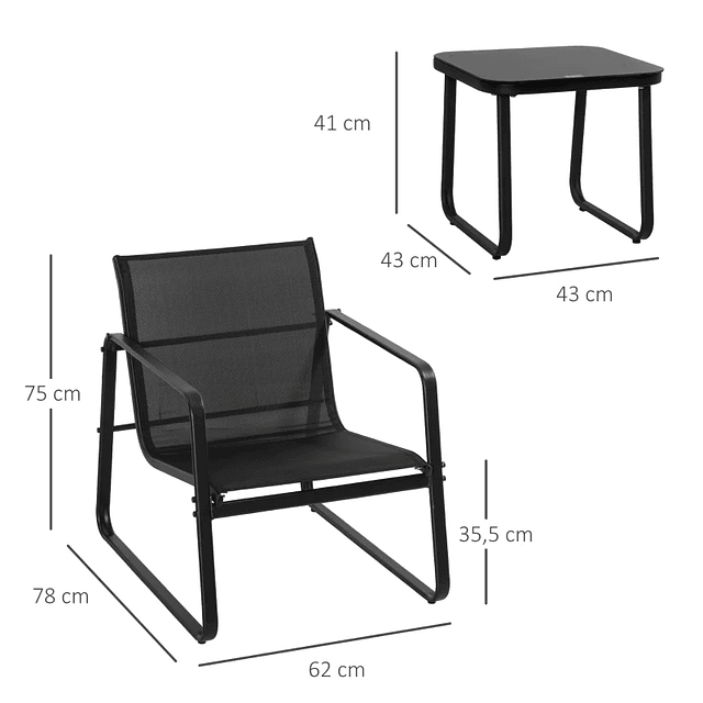 Conjunto de Muebles de Jardín 3 Piezas Mesa Cristal Templado 43x43x41cm y 2 Sillas 62x78x75cm con Reposabrazos y Respaldo Transpirable para Terraza Balcón Negro