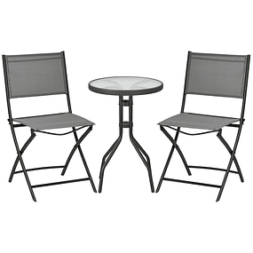 Juego de muebles de jardín de 3 piezas que incluye mesa con banco de vidrio templado y 2 sillas plegables grises