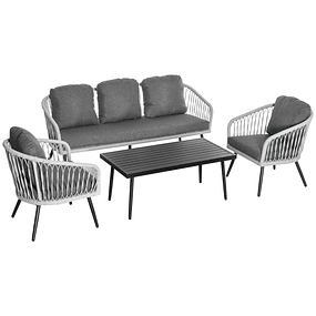 Conjunto de muebles de mimbre Conjunto de muebles de jardín de 4 piezas Mesa de centro de aluminio Sofá de 3 plazas y 2 sillones con cojines para terraza exterior Gris