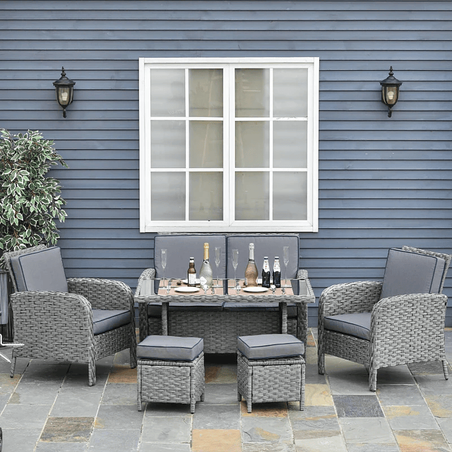 6-piece wicker garden furniture set with coffee table Double sofa 2 single armchairs 2 benches with cushions for balcony Gray