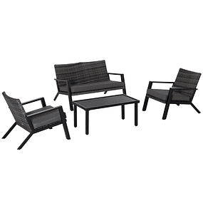 Juego de muebles de jardín de mimbre de 4 piezas con sofá de 2 plazas, sillón individual y mesa de centro negra