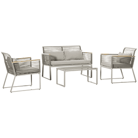 Conjunto de muebles de jardín de mimbre 4 piezas sofá doble 2 sillones individuales y mesa de centro de cristal con cojines de exterior terraza gris