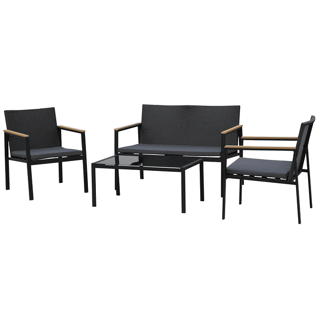 Conjunto de exterior compuesto por 4 piezas de mesa sofá de ratán y 2 sillones negro y gris