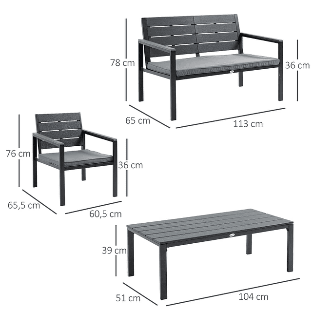 Conjunto de Móveis de Jardim 4 Peças Mesa de Centro Banco 2 Lugares e 2 Poltronas com Almofadas Amovíveis e Estrutura de Aço para Terraço Exterior 113x65x78cm Cinza 