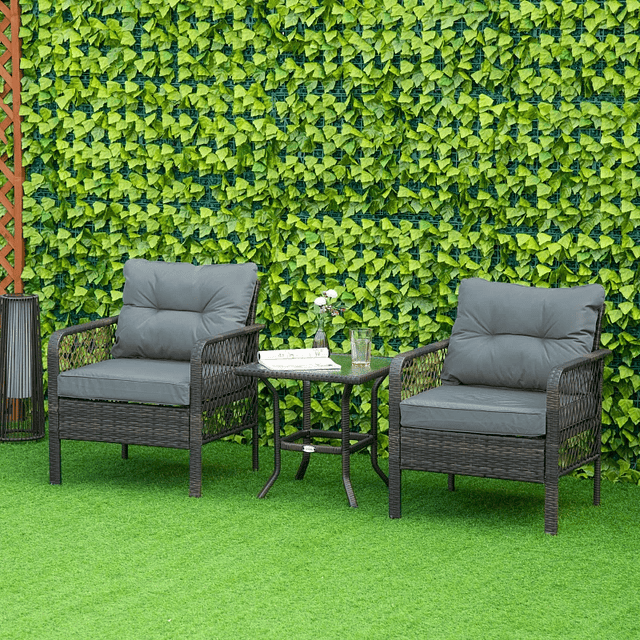 Conjunto de Muebles de Mimbre 3 Piezas Jardín 2 Sillones 65x66x75cm y 1 Mesa Cristal Templado 50x50x50cm con Cojines Acolchados para Terraza Patio Marrón