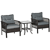 Wicker Furniture Set 3 Garden Pieces 2 Armchairs 65x66x75cm and 1 Tempered Glass Table 50x50x50cm with Padded Cushions for Terrace Patio Brown