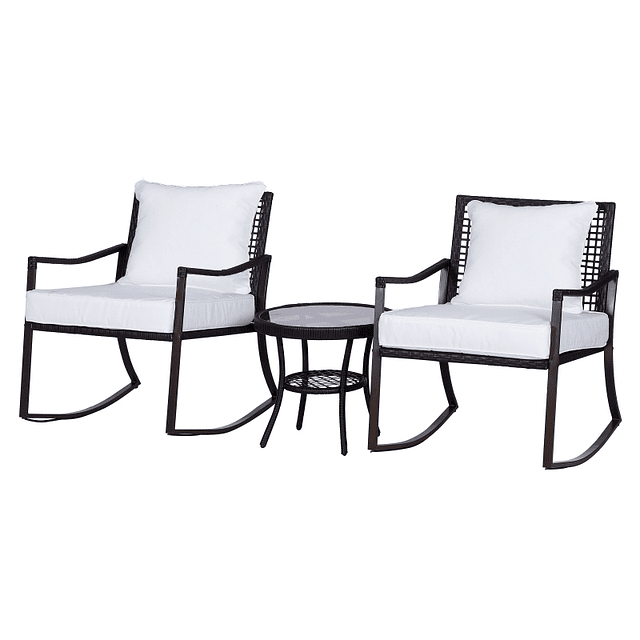 Conjunto Jardín Mimbre con Mesa Cristal Templado Ø51x46cm y 2 Mecedoras 65,5x73,5x84,5cm con Cremallera Cojines y Almohadones Lavables Blanco y Marrón