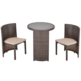 Conjunto de muebles de jardín de mimbre 3 piezas con 1 mesa de centro y 2 sillas con cojines para terraza Fácil almacenaje Acero Marrón