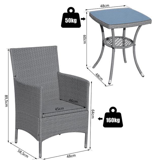 Conjunto de Móveis de Vime para Jardim Composto por 1 Mesa 2 Poltronas com Almofadas Móveis de Jardim Metal e Vime Cinza Claro 