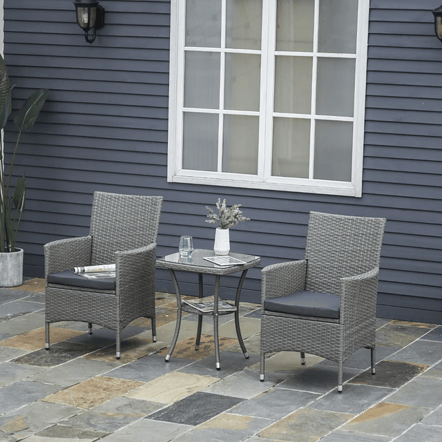 Wicker Garden Furniture Set Consisting of 1 Table 2 Armchairs with Cushions Garden Furniture Metal and Wicker Light Gray