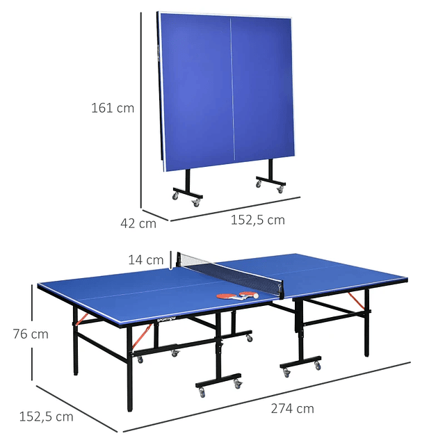Mesa de Ping Pong Plegable Interior y Exterior con Ruedas Tamaño Estándar con Red Raquetas y Pelotas 274x152,5x76 cm Azul