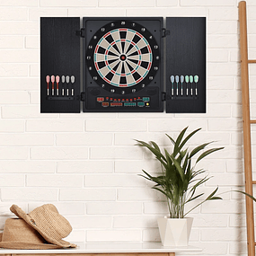 Digital electronic dartboard for up to 8 players with 12 darts and 30 tips with LED screen ports 27 different games 51x6.5x57 cm Black