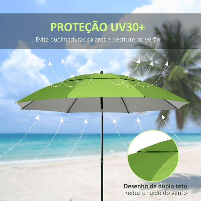 Sombrero de Playa con Techo Solar Ángulo Regulable Protección UV30+8 Palos de Acero y Bolsa de Transporte Ø185x205 cm Verde