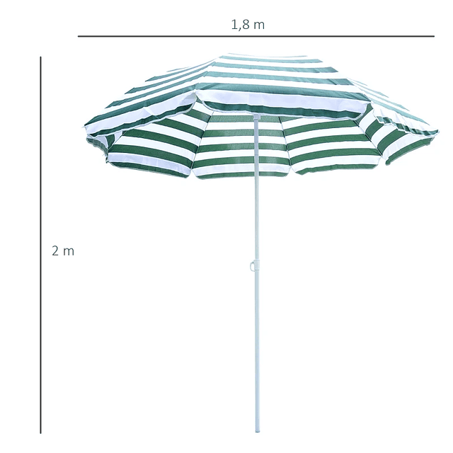 Sombrero de Playa Ø180cm con Techo Reclinable y Sombra Solar de Poste Metálico para Jardín Terraza Exterior Rayas Verdes y Blancas