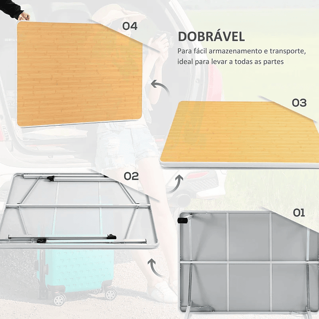 Mesa de Camping Plegable Mesa de Picnic Portátil de Aluminio con Banco de Madera y Cojines de 4 Pies Multifuncional para Terraza Jardín Playa 115x85x75cm Natural