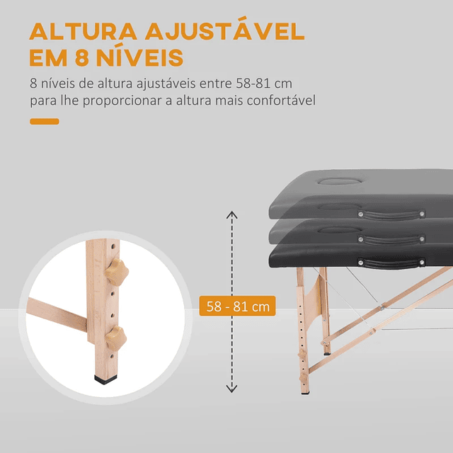 Marquesa de Massagem Dobrável Portátil com Apoio para a Cabeça Altura Ajustável e Bolsa de Transporte 186x60x58-81 cm Preto