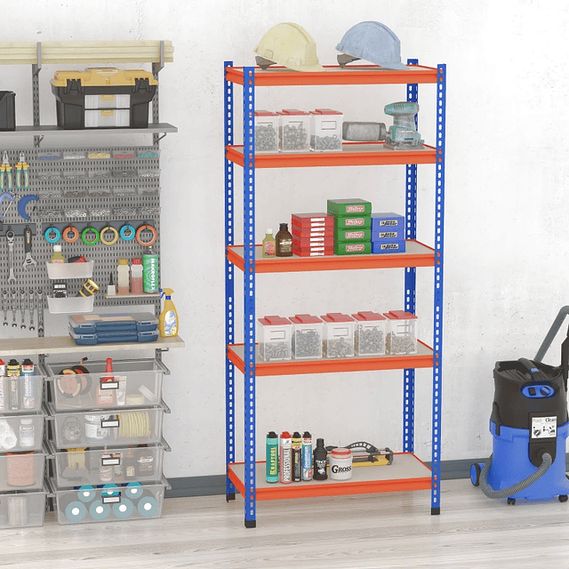 Estante de almacenamiento de metal 80x40x182cm con 5 estantes Altura ajustable Carga máxima por estante 300 kg para almacenamiento en garaje Taller azul y naranja