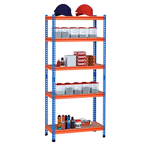 Metallic Storage Rack 80x40x182cm with 5 Shelves Height Adjustable Maximum Load per Shelf 300kg for Garage Storage Blue and Orange Workshop