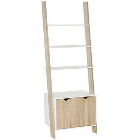 Wooden Ladder Bookcase with 3 Shelves and 1 Cabinet Modern Nordic Style Bookcase 60x40x171cm Oak and White
