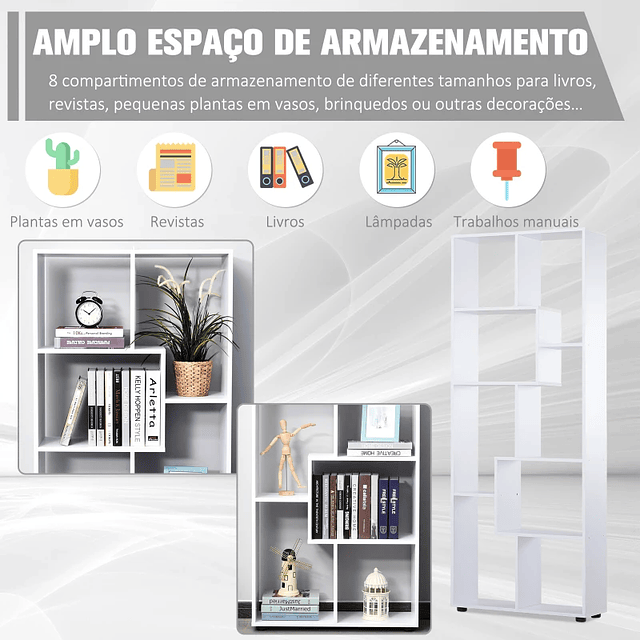 Librería vertical multifuncional con 8 estantes anchos 70x24x178 cm blanca