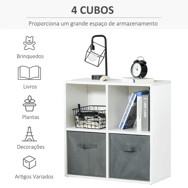 Estante para Livros de 4 Cubos Estante Modular com 2 Cestos Removíveis de TNT para Escritório Estúdio Dormitório 61,5x30x61,5cm Branco e Cinza 