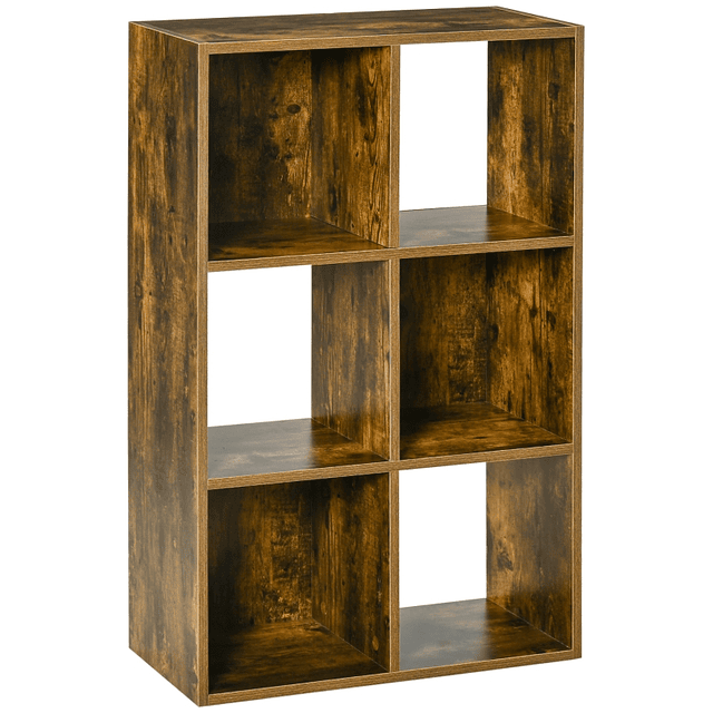 Bookshelf 3 Tier Wooden Shelf with 6 Anti-Roll Storage Compartments for Office Studio Living Room 60x30x93cm Rustic Brown