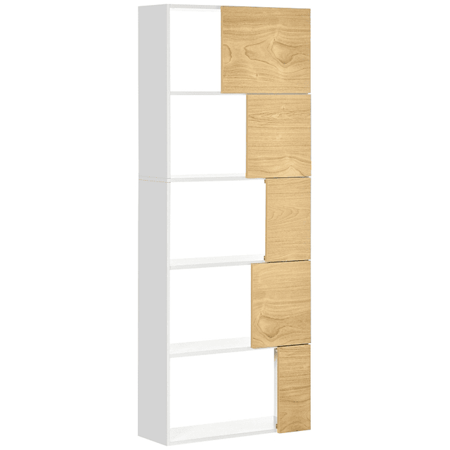 Estantería de 5 niveles con 5 puertas y compartimentos abiertos 63x22x166 cm blanco y madera