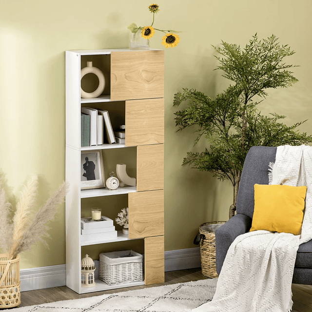 Estante de 5 Níveis Estante para Livros com 5 Portas e Compartimentos Abertos 63x22x166cm Branco e Madeira 