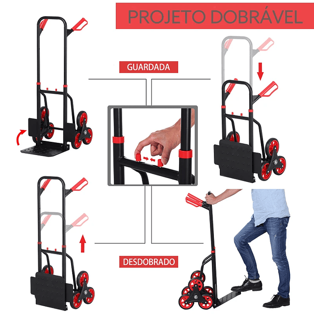 Escalera plegable portatil carretilla carga 150 kg 60x45x109cm Rojo y Negro