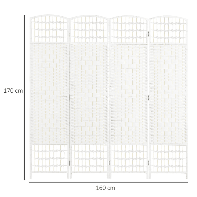Biombo separador de espacios de 4 hojas cuerda de papel y estructura de madera 60x170 cm blanco