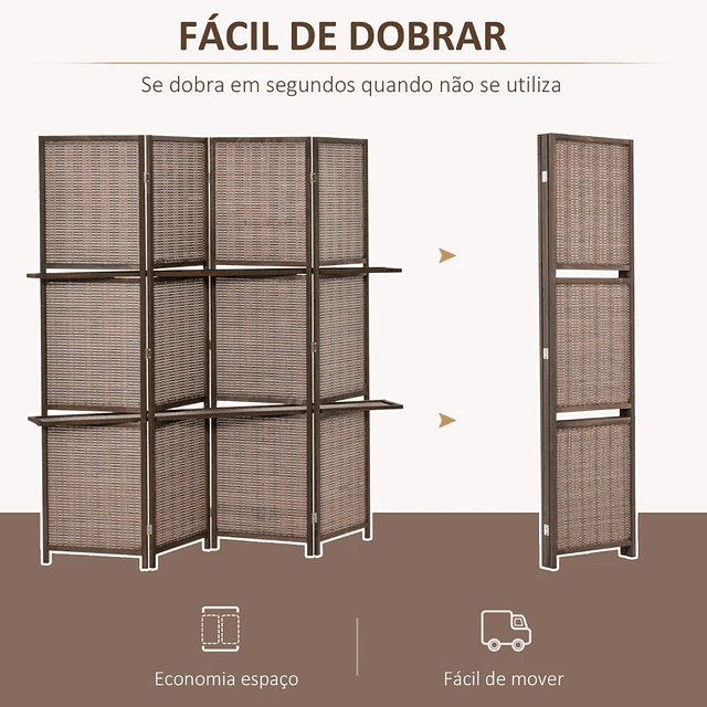 Biombo con 4 Paneles de Bambú Separador de Espacios Plegable con 2 Baldas Extraíbles para Dormitorio 180x180cm Marrón