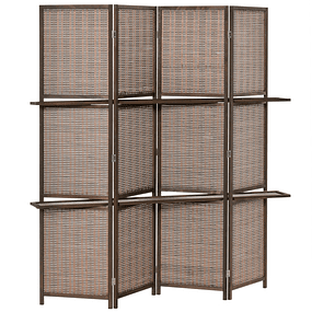 Screen with 4 Bamboo Panels Foldable Space Separator with 2 Removable Shelves for Bedroom 180x180cm Brown