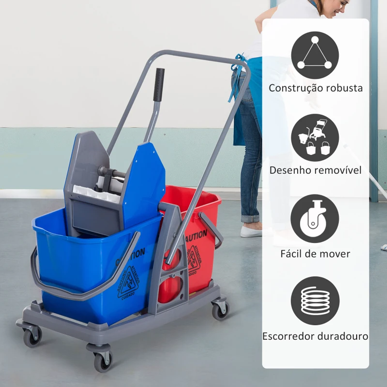 Professional Cleaning Cart Metal Cleaning Cart with 2 Removable Buckets of 25 Liters Manual Drainer and 4 Wheels 73x45x92cm Red and Blue 6