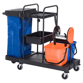 Professional Cleaning Trolley with Lever Drainer with 3 Shelves and 2 18L Buckets Bag with Lid Wheels 111x63,3x103cm Black Blue and Orange
