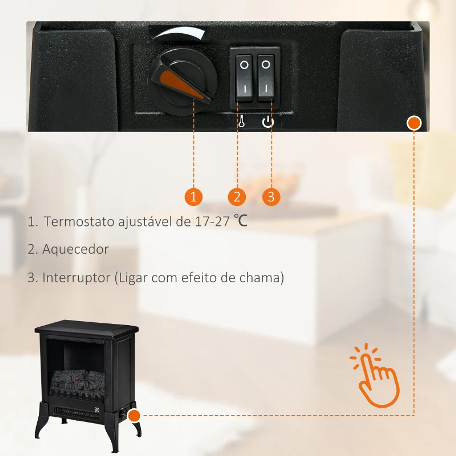 Chimenea eléctrica portátil 1800-2000W Simulación de llama Termostato ajustable y protección contra sobrecalentamiento para habitaciones de hasta 30 m² 37x22,8x45,8 cm Negro 5