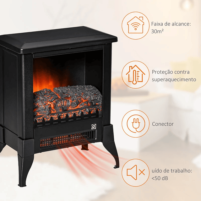 Chimenea eléctrica portátil 1800-2000W Simulación de llama Termostato ajustable y protección contra sobrecalentamiento para habitaciones de hasta 30 m² 37x22,8x45,8 cm Negro