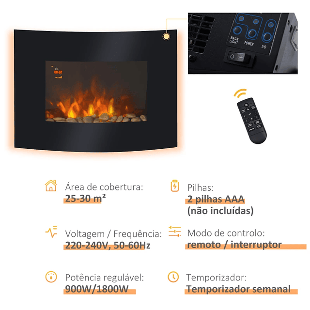 Chimenea Eléctrica de Pared con Efecto Llama Realista y Luces LED en 7 Colores Potencia 900W/1800W 65x11,4x52cm Negra