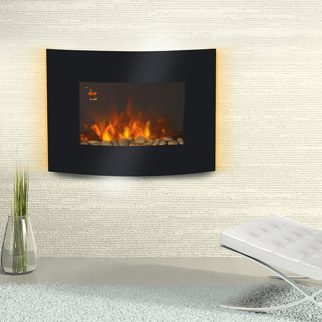 Electric Wall Fireplace with Realistic Flame Effect and LED Lights in 7 Colors Power 900W/1800W 65x11.4x52cm Black