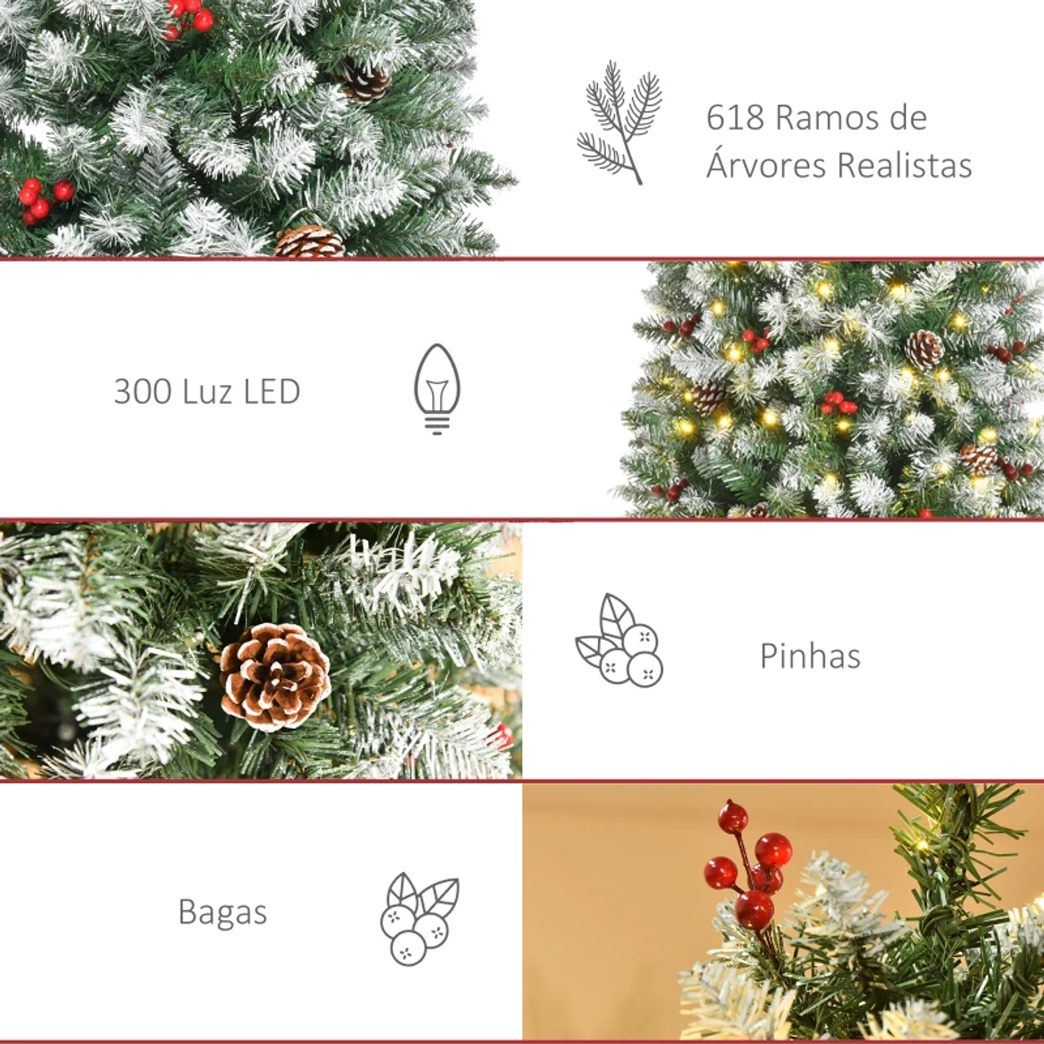 Árvore de Natal Nevada Artificial 180cm com 300 Luzes LED Branco Quente 618 Ramos Ignífugos de PVC Decorações Incluidadas e Base Dobrável Ø65x180cm Verde 4