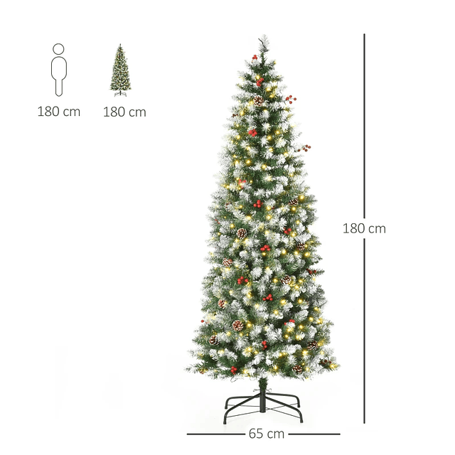 Árbol de Navidad Artificial Nevado 180cm con 300 Luces LED Blancas Cálidas 618 Ramas de PVC Ignífugo Decoraciones Incluidas y Base Plegable Ø65x180cm Verde