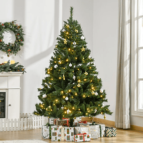Árbol de Navidad Artificial con 745 Ramas 200 Luces LED con Soporte de Color Blanco Cálido y Adornos Incluidos Ø112x180cm Verde