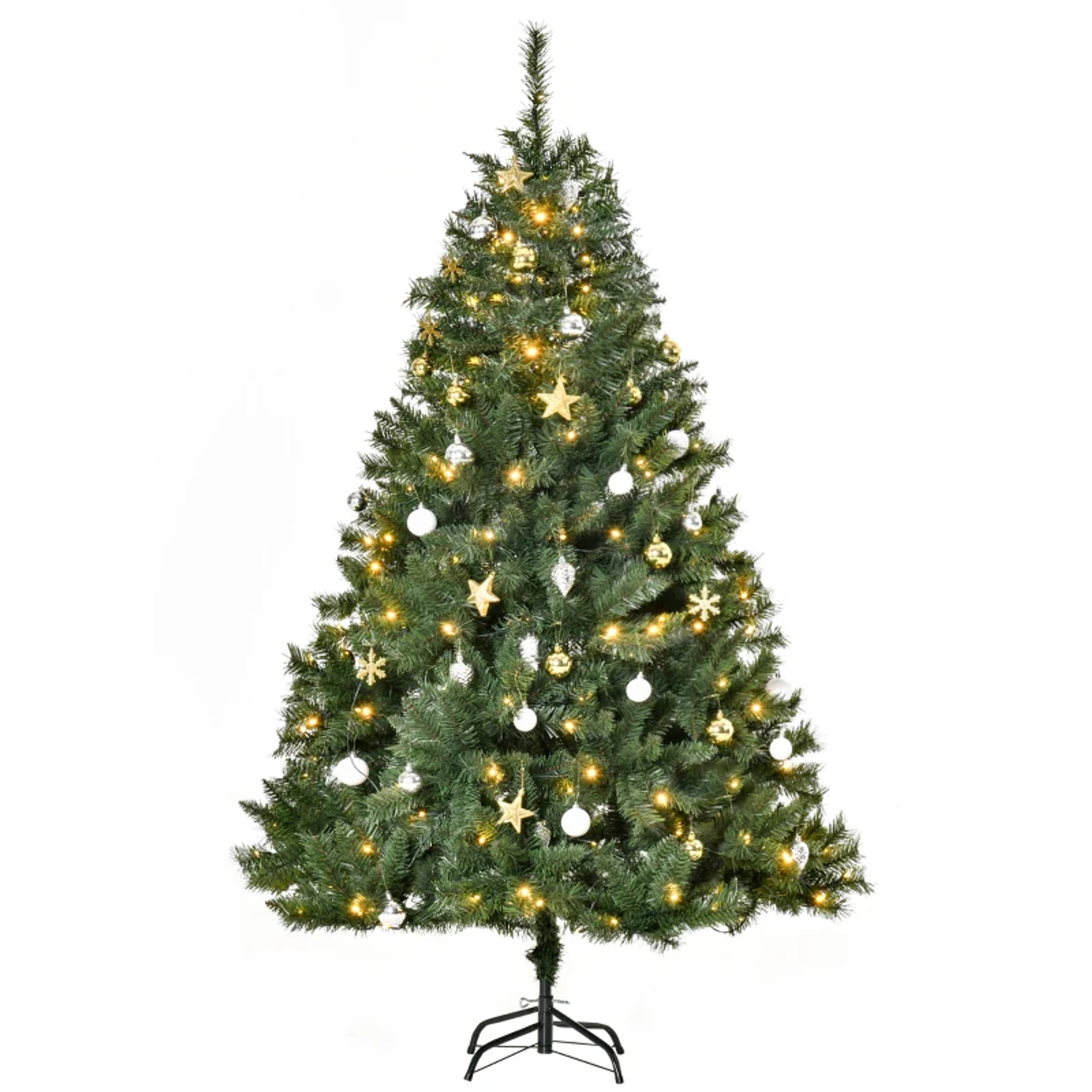 Árvore de Natal Artificial com 745 Ramos 200 Luzes LED com Cor Branco Quente Suporte e Decorações Incluídas Ø112x180cm Verde 4