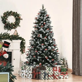Árbol de Navidad Artificial 180 cm con 678 Ramas 53 Piñas y 53 Frutas Hojas de PVC PE Base Plegable y Soporte de Metal Decoración navideña para Interiores Verde